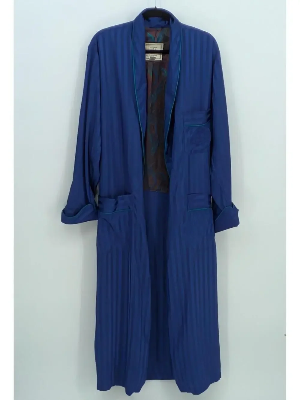 Number 1 London S/M Vintage Paisley Lined Wrap Tie Blue Satin Striped Lux Robe